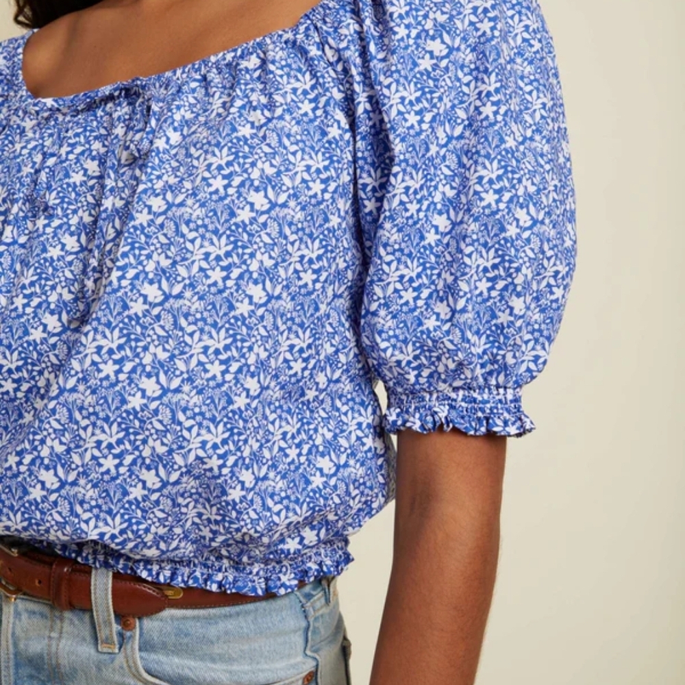 Nation Ltd. Smocked Blue Floral Rowena Peasant Blouse, Size S, Cottage Romantic - Picture 3 of 9